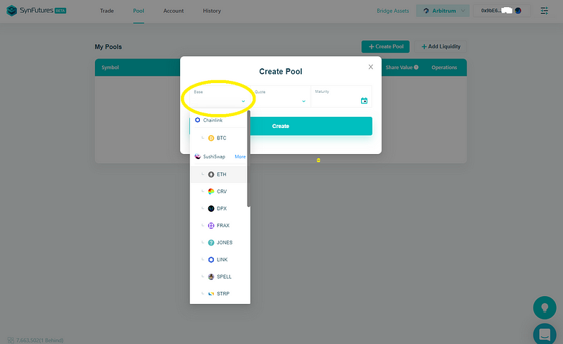 Click “Create Pool” in the SynFutures beta app.